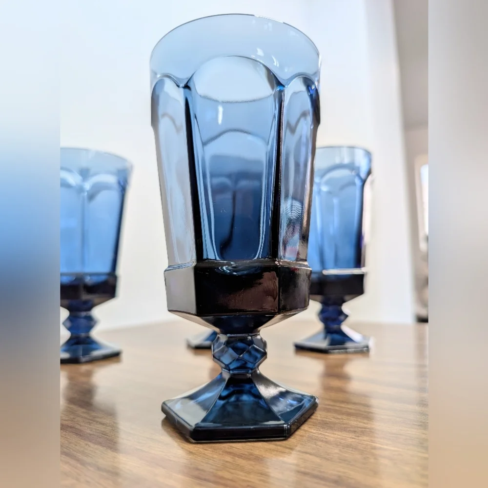 Set Of 4 Vintage 80s Dark Blue Virginia Pattern By Fostoria Ice Tea Glasses